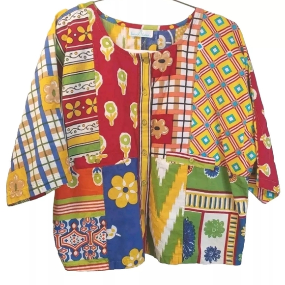 Scared Threads Dolman Cropped Top Sz Small Fairy Boho Colorful Patchwork Button - Picture 1 of 10